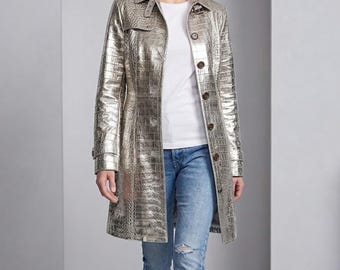 Metallic Silver Crocodile Embossed Real Leather Trench Coat Women Luxury Statement Outerwear