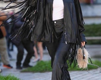 Black Leather Fringed Jacket, Western Wear Genuine Leather Women Motorcycle Jacket, Cow Girl Fringe Leather Jacket, Tassel Black Jacket