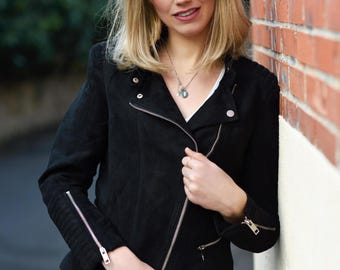 Black Women Jacket, Genuine Suede Leather Black  Handmade Jacket, Suede Moto Perosnalized Jacket, Women Suede Leather Biker Ladies Jacket