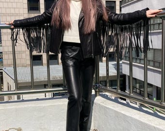 Black Leather Fringed Jacket, Western Wear Genuine Leather Women Motorcycle Jacket, Cow Girl Fringe Leather Jacket, Tassel Black Jacket