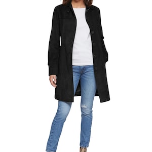 Suede Leather Womens Black Real Leather Trench Coat, Women Genuine Suede Leather Coat, Black Handmade Suede Moto Black Leather Ladies Coat