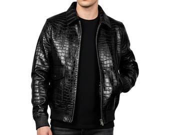 Black Leather Jacket, Crocodile Emboosed Mens Leather Jacket, Real Leather Handmade Biker Jacket, Alligator Print Cafe Racer Leather Jacket