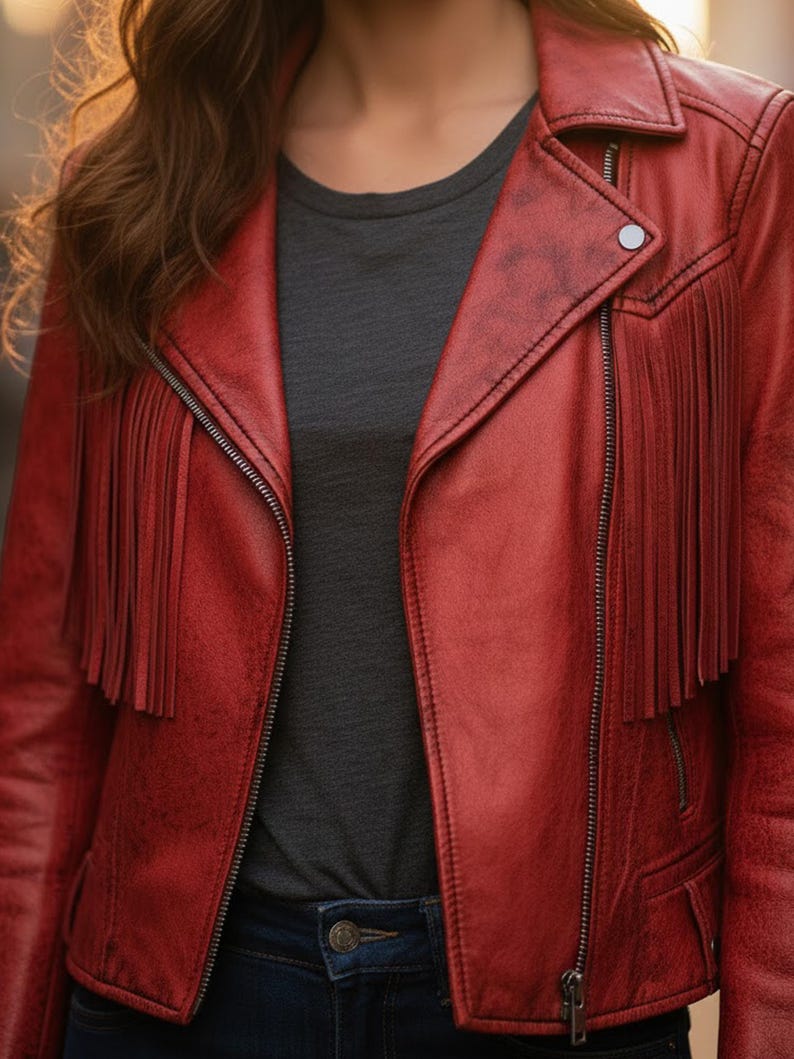 May include: A red leather jacket with fringe detailing on the chest and sleeves. The jacket has a zipper closure and a classic collar. The model is wearing a gray t-shirt and blue jeans. The jacket has a distressed look.