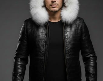 Crocodile Leather Men Jacket, Real Leather Crocodile Embossed Alligator Moto Mens Biker Jacket Black Leather Crocodile Print Hoodie Jacket