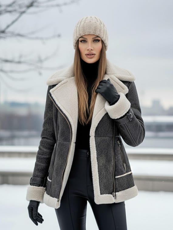 Shearling Leather Jacket, Aviator Faux Fur Women Leather Coat, Bomber Leather Fur Black Ladies Pilot Real Leather Handmade Fur Lined Jacket