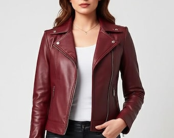 Women Leather Jacket, Real Leather Burgundy Women Cafe Racer Jacket, Biker Handmade Sheep Leather Jacket Fashion Leather Jacket For Women
