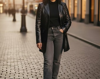 Crocodile Embossed Leather Blazer Coat, Real Leather Crocodile Women Office Coat, Alligator Leather Formal Black Crocodile Print Ladies Coat