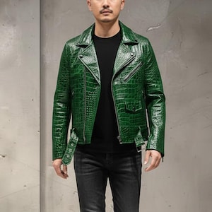 Krokodilleder Herrenjacke, Echtleder Krokodil Prägejacke, Alligator Moto Herren Bikerjacke Grüne Leder Krokodil Print Jacke