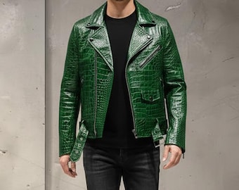 Crocodile Leather Men Jacket, Real Leather Crocodile Embossed Jacket, Alligator Moto Mens Biker Jacket Green Leather Crocodile Print Jacket