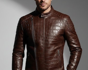 Crocodile Leather Men Jacket, Real Leather Crocodile Embossed Jacket, Alligator Moto Mens Biker Jacket Brown Leather Crocodile Print Jacket