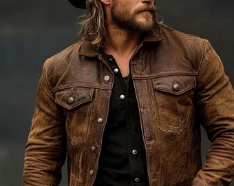 Men Disstressed Brown Leather Trucker Jacket, Real Leather Coat, Rugged Biker Trucker Jacket For Mens, Western Style Moto Jacket