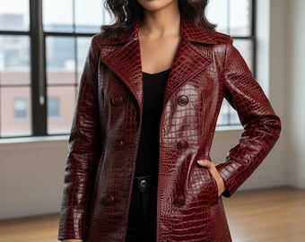 Crocodile Embossed Maroon Leather Jacket, Real Leather Crocodile Women Trench Coat, Alligator Moto Cow Leather Crocodile Print Ladies Coat