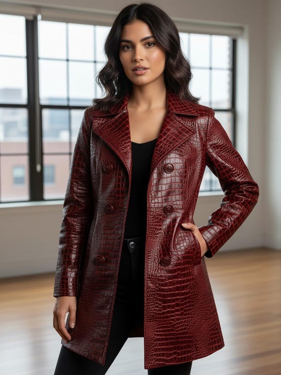 Crocodile Embossed Maroon Leather Jacket, Real Leather Crocodile