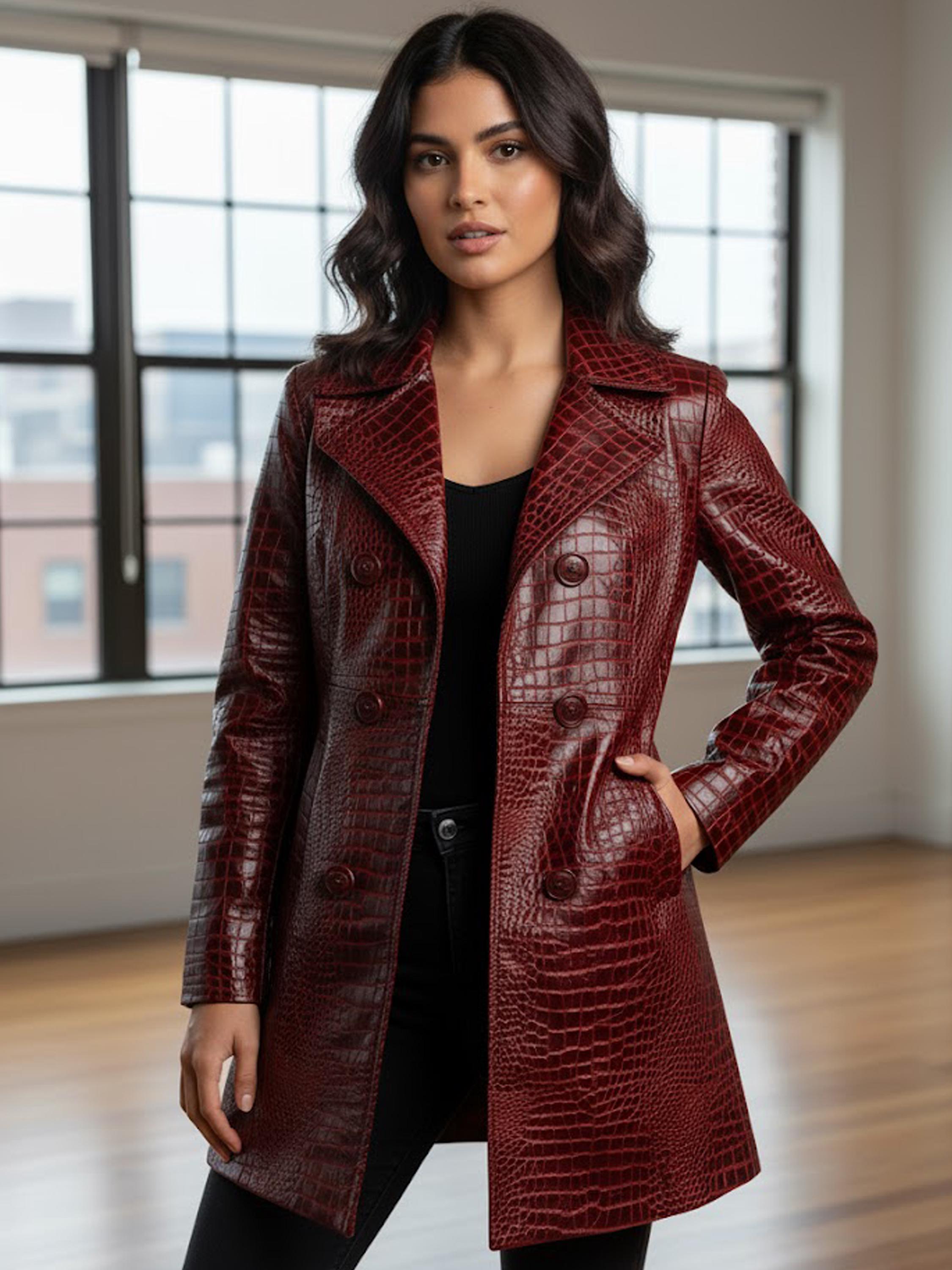 Crocodile Embossed Maroon Leather Jacket, Real Leather Crocodile