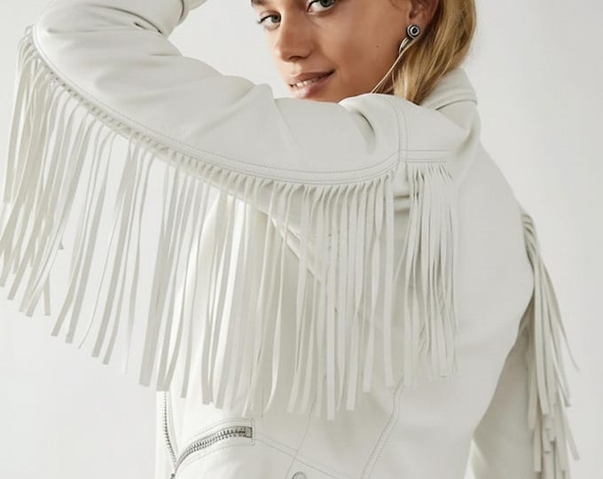 Women Leather Jacket, Real Leather Fringed Jacket, Tassel Biker Handmade White Leather Jacket Fringe Leather Jacket For Women Cowgirl Jacket