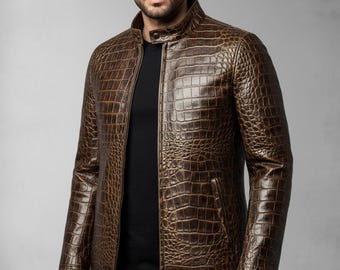 Brown Leather Crocodile Emboosed Mens Leather Coat, Alligator Embossed Real Leather Handmade Biker Trench Coat Men Brown Coat Gift For Him