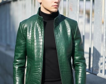Crocodile Leather Men Jacket, Real Leather Crocodile Embossed Jacket, Alligator Moto Mens Biker Jacket Green Leather Crocodile Print Jacket