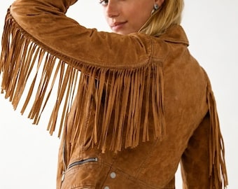 Women Leather Jacket, Real Suede Leather Fringed Jacket, Tassel Biker Handmade Tan Brown Leather Jacket Fringe Leather Jacket Cowgirl Jacket
