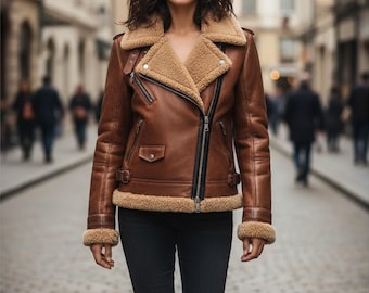 Handmade Leather B3 Bomber Jacket: Women's Shearling Aviator Coat