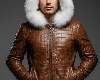 Men Brown Crcodile Embossed Real Leather Jacket With White Faux Fur Hoodie Biker Jacket, Alligator Moto Men's Biker Crcodile Print Jacket