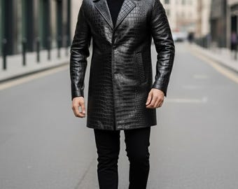 Black Leather Jacket, Crocodile Emboosed Mens Leather Coat, Real Leather Handmade Biker Trench Coat Alligator Print  Men Black Winter Coat