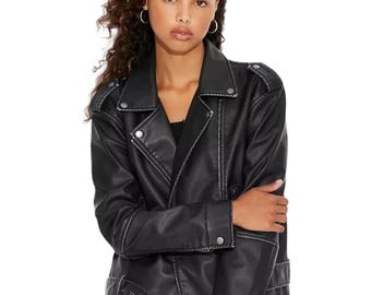Black Leather Women Jacket, Genuine Sheepskin Leather Handmade Biker Ladies Jacket, Personalized Jacket For Women, Black Winter Jacket