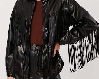 Black Fringed Jacket, Western Real Sheep Women Leather Jacket, Cowgirl Fringed Leather Jacket For Women, Personalized Jacket