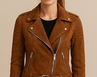 Braune Damenjacke, echtes Wildleder Braune handgefertigte Jacke, Wildleder Moto Perosnalized Jacke, Damen Wildleder Biker Damenjacke