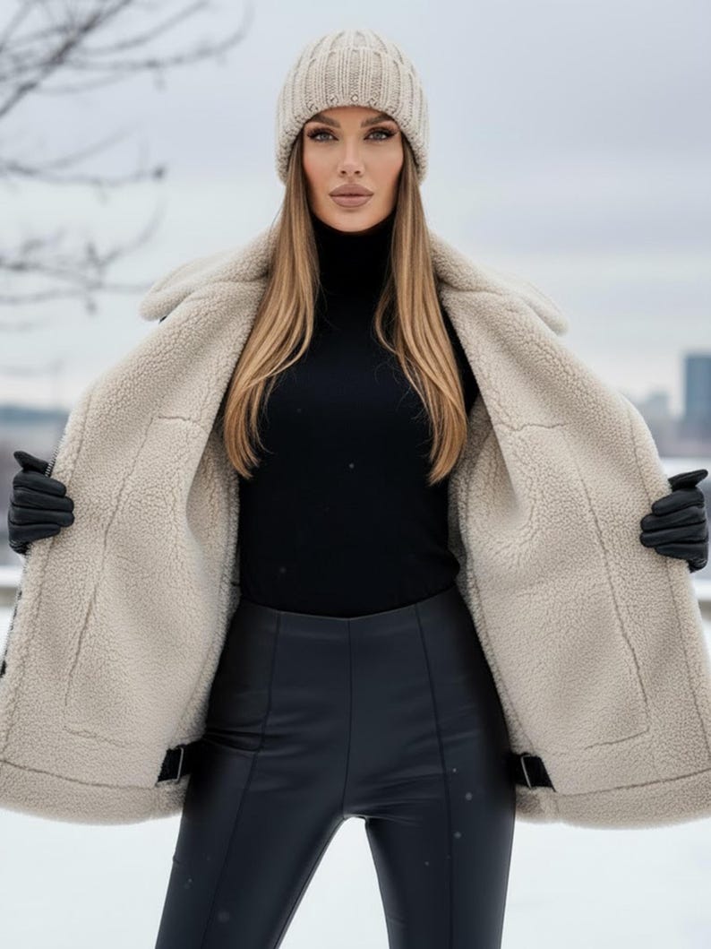 K&ouml;nnte beinhalten: Beigefarbener Shearling-Mantel, schwarzer Rollkragenpullover und schwarze Lederhose. Eine passende beige Strickm&uuml;tze wird getragen. Der Mantel ist offen und zeigt das flauschige Innenfutter. Schwarze Handschuhe vervollst&auml;ndigen den Look. Schneeiger Hintergrund.
