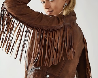 Brown Fringed Leather Jacket, Western Style Genuine Leather Women Motorcycle Jacket, Cow Girl Fringe Leather Jacket Gift For Her