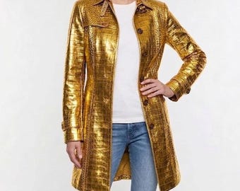 Real Leather Gold Crocodile Embossed Trench Coat | Women's Genuine Leather Statement Coat | Luxury Alligator Emboss Outerwear