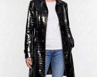 Black Crocodile Embossed Real Leather Mid Length Coat Women | Genuine Leather Trench Coat | Luxury Gift For Wife