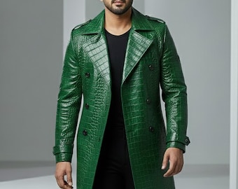 Green Leather Jacket, Crocodile Emboosed Mens Leather Coat, Real Leather Handmade Biker Trench Coat Alligator Print  Men Winter Leather Coat