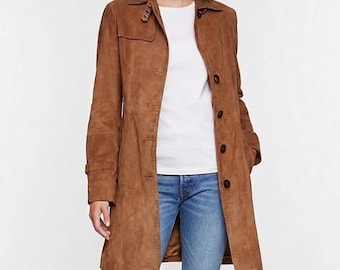 Handmade Suede Leather Trench Coat, Women's Moto Jacket, Genuine Suede Leaher Brown Coat, Women Real Leather Mid Length Jacket