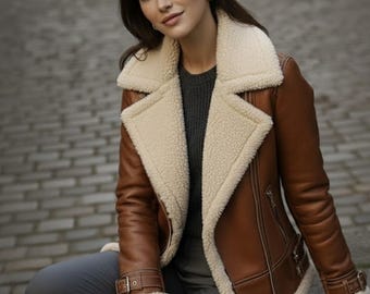 Kurtka ze skóry owczej, damska kurtka ze sztucznego futra Aviator, damska kurtka ze skóry B3 Bomber, brązowa kurtka pilotka ze skóry naturalnej, ręcznie robiona kurtka