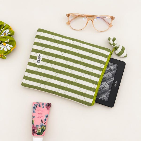 Handmade Quilted Kindle Sleeve – Padded E-Reader Case, Olive Green Stripe, Book Lover Gift