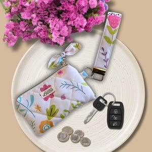 Floral Quilted Wristlet Wallet - Hands-Free Keychain Pouch with Strap