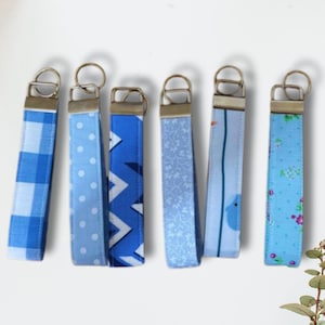 Handmade Blue Cotton Wristlet Keychain: Gingham, Floral, Whale Print