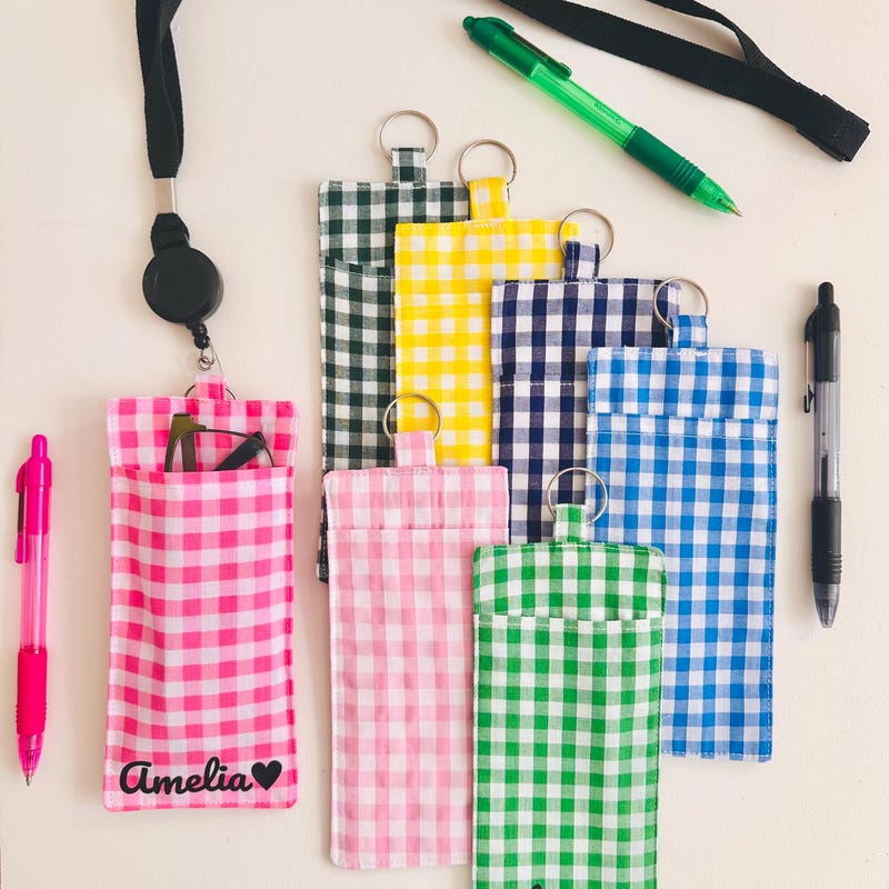 Personalised Gingham Pen Holder for Lanyard, Double Pocket Teacher Pouch Accessory