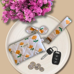 Floral Quilted Wristlet Wallet - Hands-Free Keychain Pouch with Strap