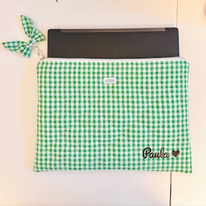 Personalised Laptop Sleeve Green Gingham | MacBook iPad Case with Zipper