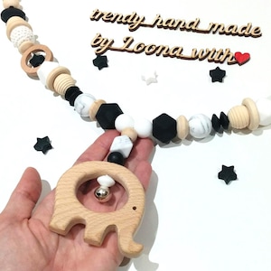 Pram garland, stroller decoration, stroller chain gift, pram accessory, handmade crochet and wood beads, black and white, stylish product