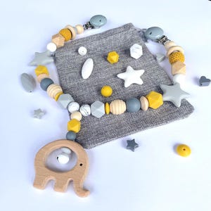 Pram garland decoration, Stroller Charm Gift, Stylish Crochet Design, Wooden Beads, Boho Neutral Colors, mustard color, gift for new parents