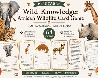 Kortspel med afrikanska vilda djur | Pedagogiska djurfaktakort för barn | Utskrivbart safarispel | Big 5-bonus | Direktnedladdning