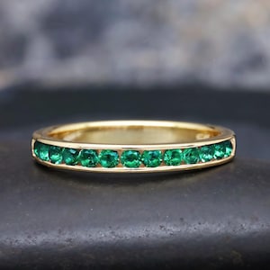 Emerald Channel Set Band Ring Yellow Gold Half Eternity Vintage May Birthstone Anniversary Promise Gift for Women