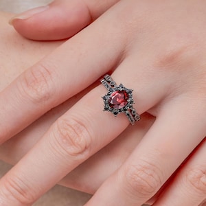 Dainty Oval Red Ruby Ring Vintage Milgrain Black Moissanite Engagement Ring Set Unique Gothic Black Gold Halo Wedding Promise Ring Gifts