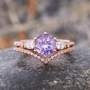 7mm Round Lavender Amethyst Engagement Ring, 14k Rose Gold Stackable Set, Custom February Birthstone Bridal Ring