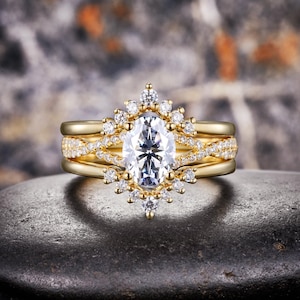 3 Piece Moissanite Bridal Set, Oval 6x8mm Split Shank Cross Over, Curved Stacking Bands, 14k Yellow Gold Wedding Rings