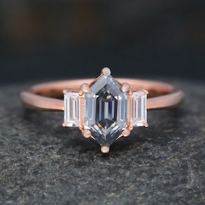 Hexagon Cut Gray Moissanite  Promise Engagement Wedding Ring