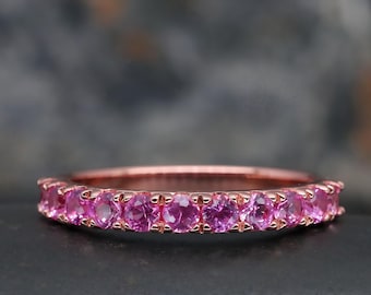 2.5mm Pink Sapphire Rose Gold Wedding Band - Dainty Half Eternity Ring